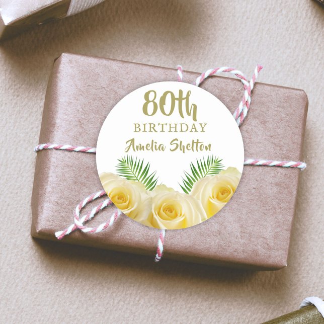 Pegatina Redonda Rosa amarilla y deja floral 80 cumpleaños (Subido por el creador)