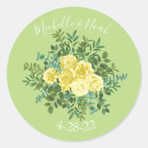 Pegatina Redonda Rosa amarillo claro y verde pálido Boda floral
