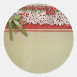 Pegatina Redonda Rosa antiguo Lace Rústico Rojo Victorilap