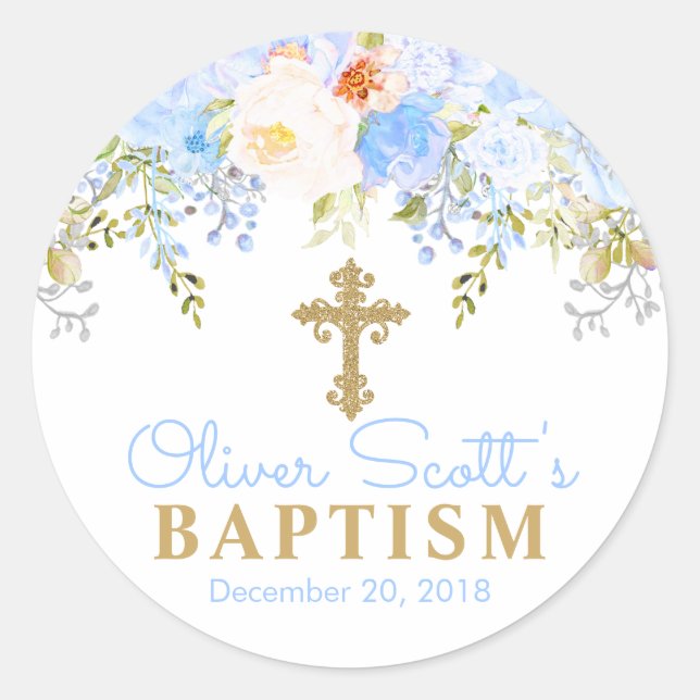 Pegatina Redonda Rosa Azul Baptism Favorece a los Pegatinas de etiq (Anverso)