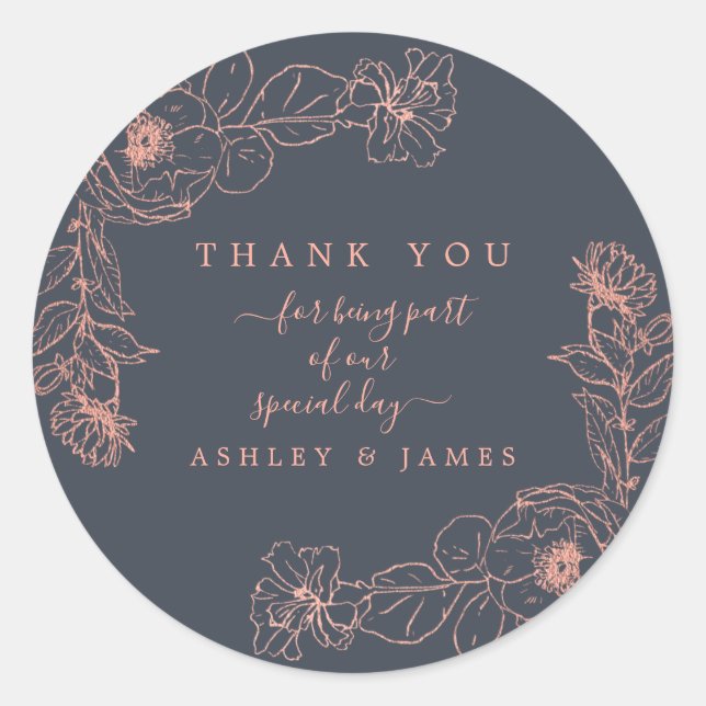 Pegatina Redonda Rosa azul carbón vegetal Boda floral de oro Gracia (Anverso)