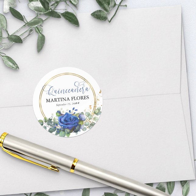 Pegatina Redonda Rosa azul real caligrafía elegante Quinceanera (Envelope seal or favor sticker from my Rose and Eucalyptus Quinceanera collection)