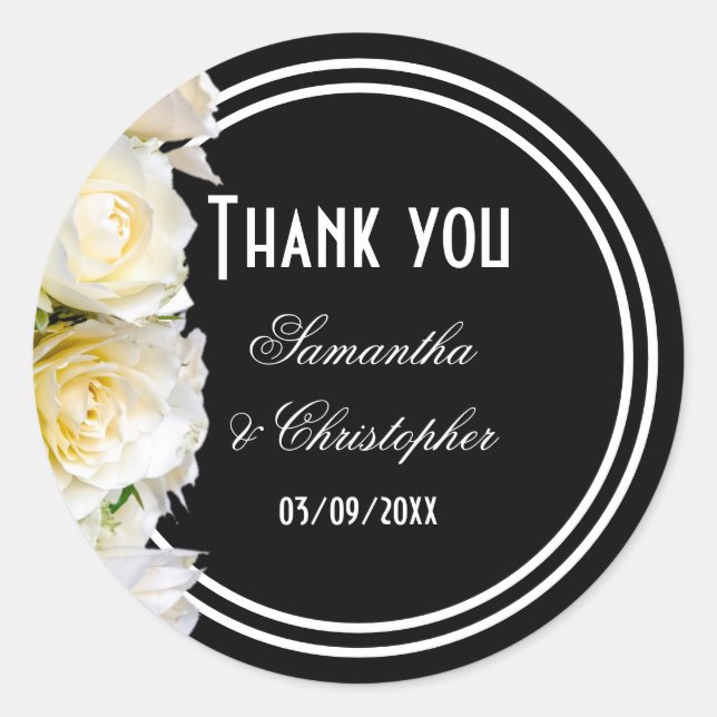 Pegatina Redonda Rosa blanca sobre la novia negra boda gracias (Anverso)