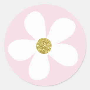 Pegatina Redonda Rosa Blanco Simple Daisy Gold