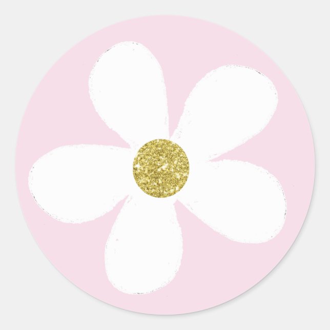 Pegatina Redonda Rosa Blanco Simple Daisy Gold (Anverso)