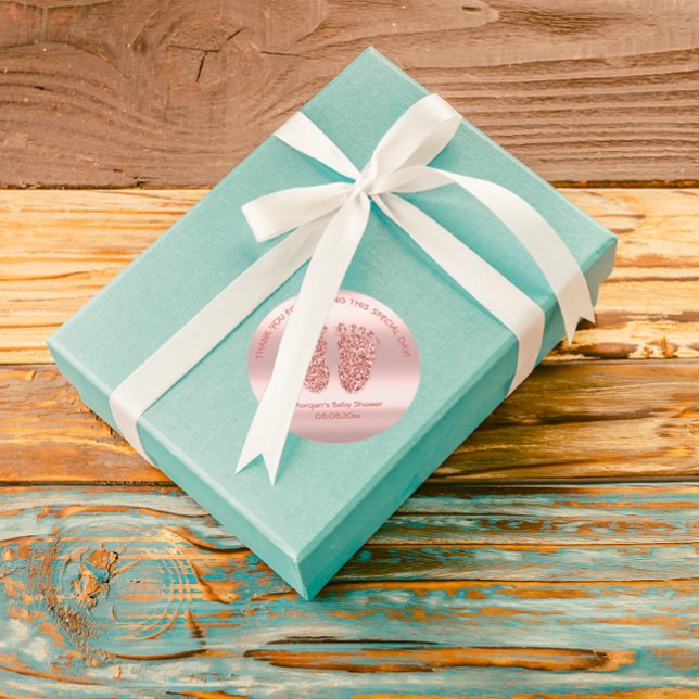 Pegatina Redonda Rosa Blus Purpurina Feet Baby Shower Favor Gracias (Rose Blus Glitter Feet Baby Shower Favor Thank You Classic Round Sticker)