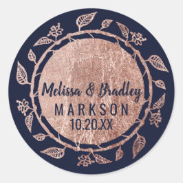 Pegatina Redonda Rosa Boda de guión de pincel azul de la Marina flo