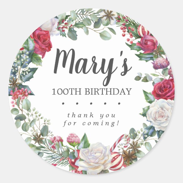 Pegatina Redonda Rosa botánico de invierno 100 cumpleaños gracias (Anverso)