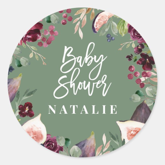 Pegatina Redonda Rosa, burdeos, + higuera acuarela floral y guion (Anverso)