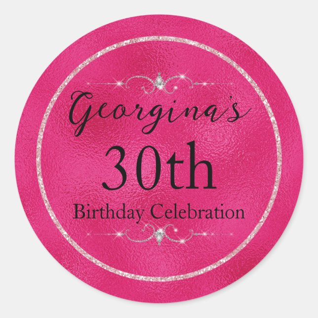 Pegatina Redonda Rosa Caliente Glamuroso con Brillo y Diamantes (Anverso)