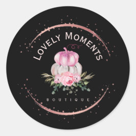 Pegatina Redonda Rosa Círculo de Oro y Logo de la calabaza floral