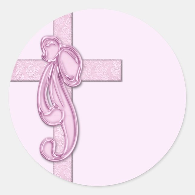 Pegatina Redonda Rosa claro con cruz rosa/cinta de opciones (Anverso)