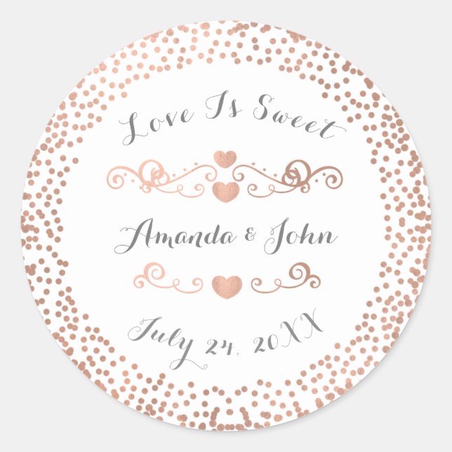 Pegatina Redonda Rosa Confetti White Save the Date Love is Sweet (Anverso)