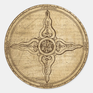 Pegatina Redonda Rosa de brújula antigua