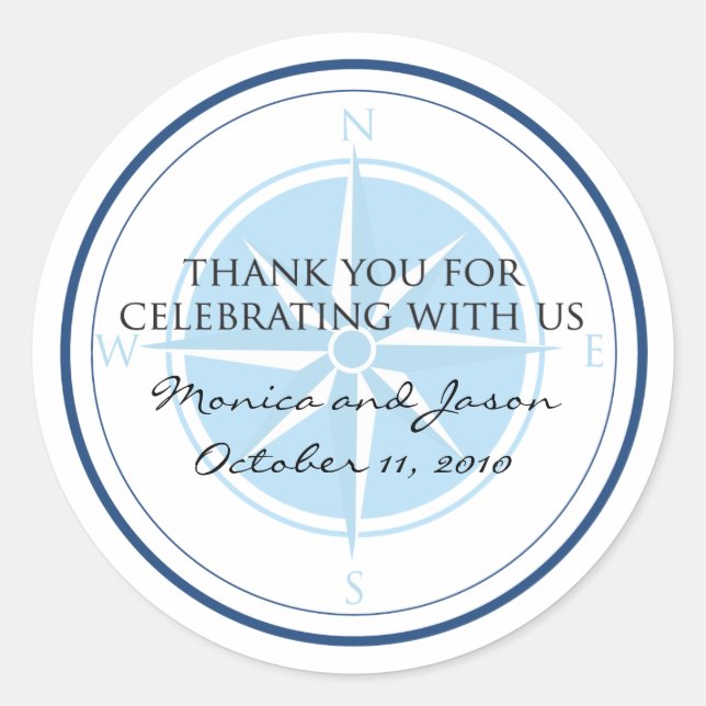 Pegatina Redonda Rosa de brújula náutica azul Boda (Anverso)