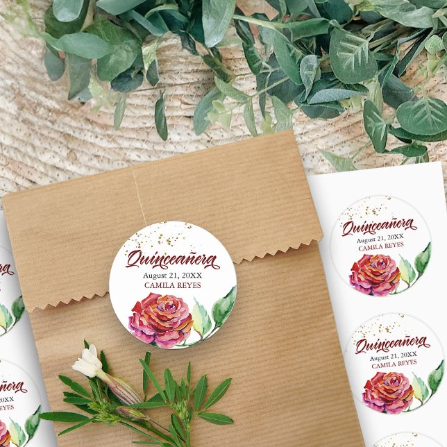 Pegatina Redonda Rosa de color de agua Quinceanera rojo (Watercolor Stickers from my Vintage Floral Red Roses Quinceanera Collection)