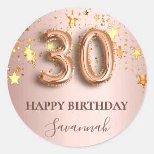 Pegatina Redonda rosa de cumpleaños 30 estrellas de oro tipo globo 