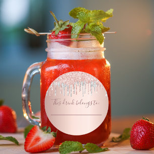 Pegatina Redonda Rosa de cumpleaños brillo plateado bebida pertenec