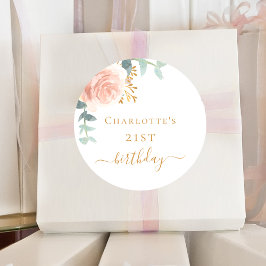 Pegatina Redonda Rosa de cumpleaños oro eucalipto floral vegetación