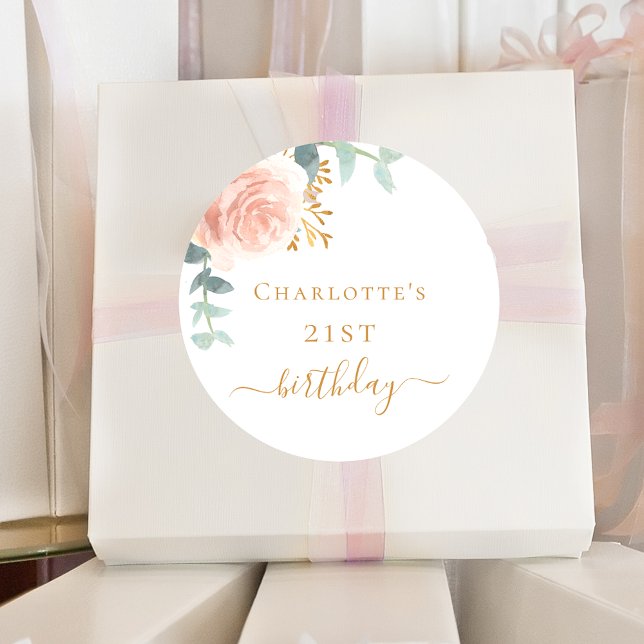 Pegatina Redonda Rosa de cumpleaños oro eucalipto floral vegetación (Subido por el creador)