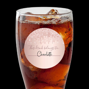 Pegatina Redonda Rosa de cumpleaños purpurina de oro esta bebida pe