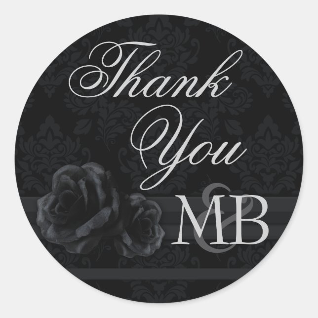Pegatina Redonda Rosa de damasco negro Gracias pegatinas monograma (Anverso)