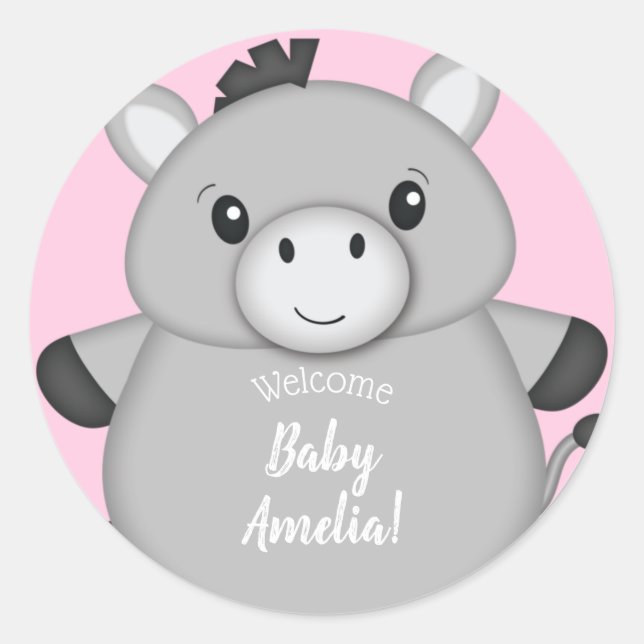 Pegatina Redonda Rosa de Donkey Baby Shower (Anverso)