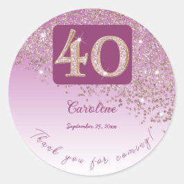 Pegatina Redonda Rosa de la caída Purpurina de oro, 40 cumpleaños g