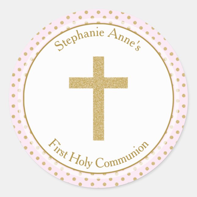 Pegatina Redonda Rosa de la comunión con puntos de polka de oro (Anverso)