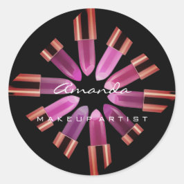 Pegatina Redonda Rosa de lápiz labial negro con logotipo de maquill