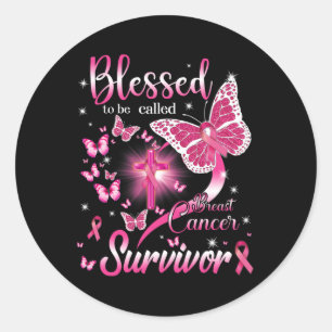 Pegatina Redonda Rosa De Mariposa Bendecida A Llamarse Cáncer De Ma