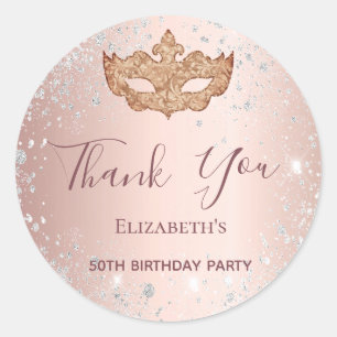 Pegatina Redonda Rosa de mascarada purpurina de plata oro Gracias