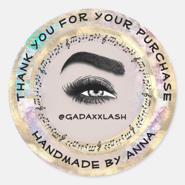 Pegatina Redonda Rosa de música Gracias Shop Makeup Artist Lash Stu (Anverso)