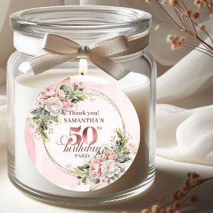 Pegatina Redonda Rosa de Oro de Lujo Floral Verde 50 Cumpleaños