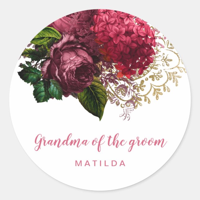 Pegatina Redonda Rosa de oro floral abuela del novio (Anverso)