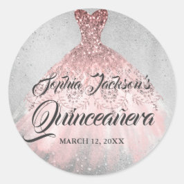 Pegatina Redonda Rosa de oro Plata Diamante Sparkle Gown Quinceaner