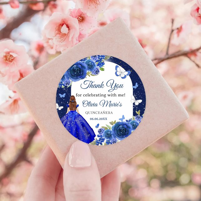 Pegatina Redonda Rosa de Plata Azul Quinceanera Cumpleaños (Subido por el creador)