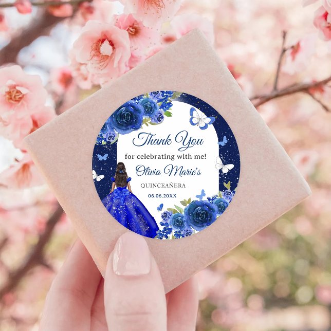 Pegatina Redonda Rosa de Plata Azul Quinceanera Cumpleaños (Subido por el creador)