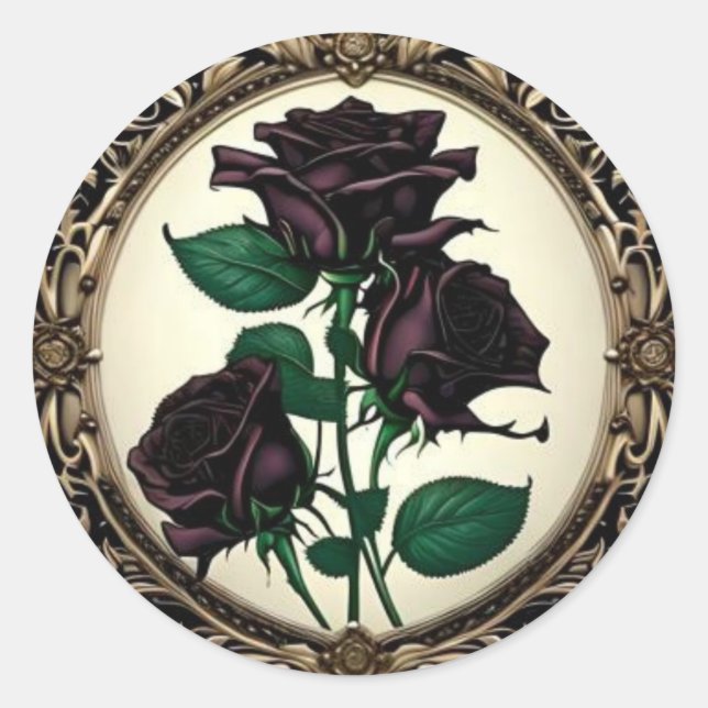 Pegatina Redonda Rosa de Rosas negros de Art Nouveau #3 (Anverso)