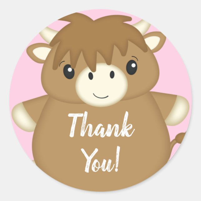 Pegatina Redonda Rosa de vaca escocesa Baby Shower rosa (Anverso)