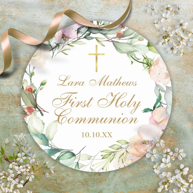 Pegatina Redonda Rosa de Woodland Garland Primera Comunión Santa (Woodland Rose Garland First Holy Communion Classic Round Sticker)