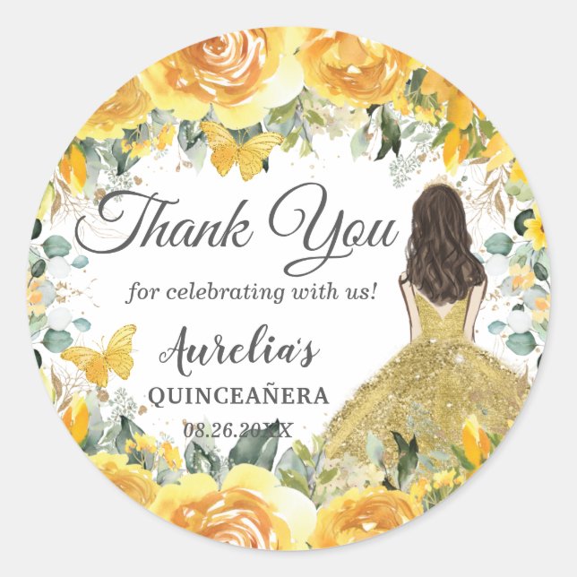 Pegatina Redonda Rosa dorado amarillo Mariposas florales Princesa F (Anverso)