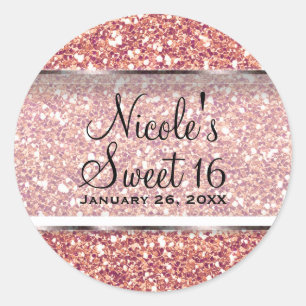 Pegatina Redonda Rosa Dorado Brillante Glitter Glam Favor de Fiesta