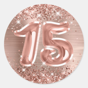 Pegatina Redonda Rosa Dorado Brillante Número 15 Cumpleaños