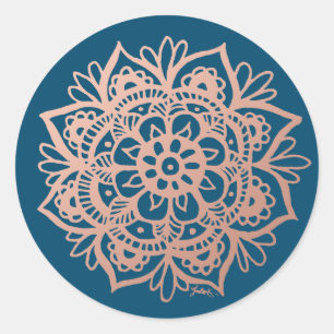 Pegatina Redonda Rosa Dorado Flor de Mandala en Azul Marino
