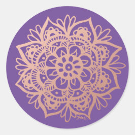 Pegatina Redonda Rosa Dorado Flor de Mandala en Morado