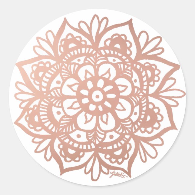 Pegatina Redonda Rosa Dorado Flor de Mandala Rosa (Anverso)
