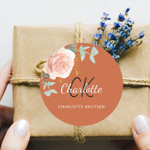 Pegatina Redonda Rosa dorado floral salvia verde naranja quemada gr