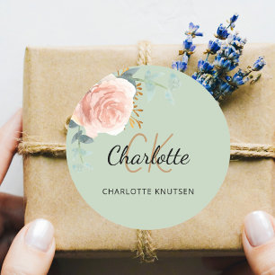 Pegatina Redonda Rosa dorado flores de salvia verde gracias