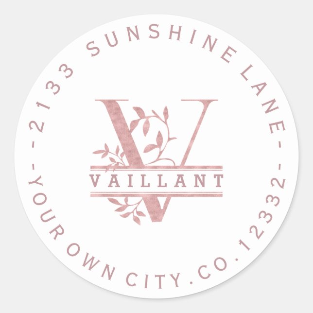 Pegatina Redonda Rosa Dorado Monograma Personalizado Divisible T U  (Anverso)